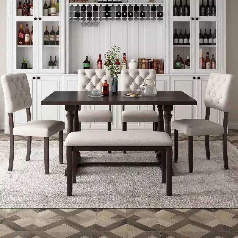 Whisen 6-Piece Dining Table and Chair Set with Special-shaped Legs and Foam-covered Seat Backs and Cushions