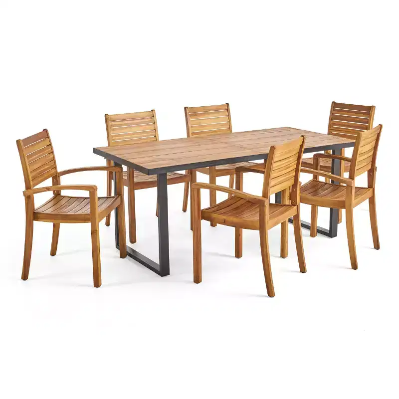 Christopher Knight Home Alderson Outdoor Iron and Acacia Wood 7 Piece Dining Set, Teak and Black