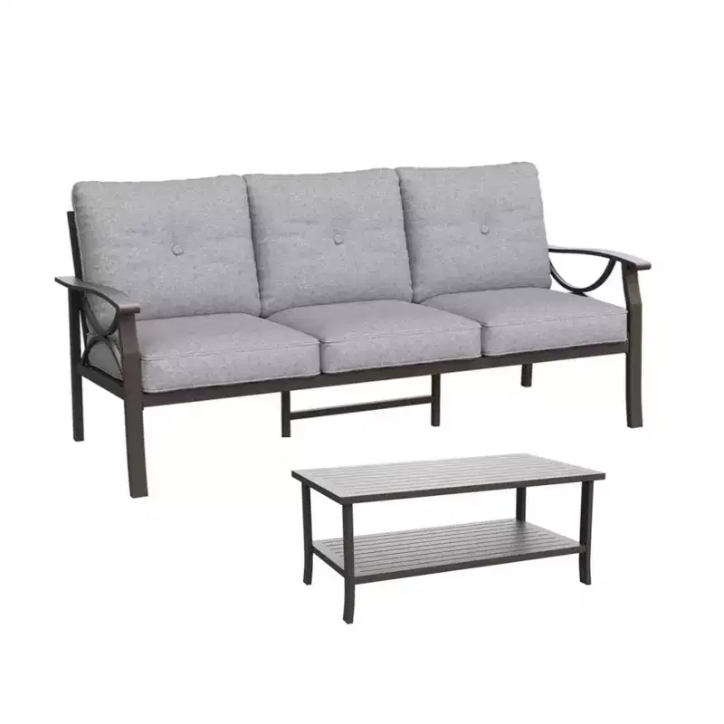 2 Piece Outdoor Patio Set, 70 Inch All-Weather Metal 3-Seat Metal Patio Sofa and Rectangular coffee Table, Khaki Frame with Gray Cushions