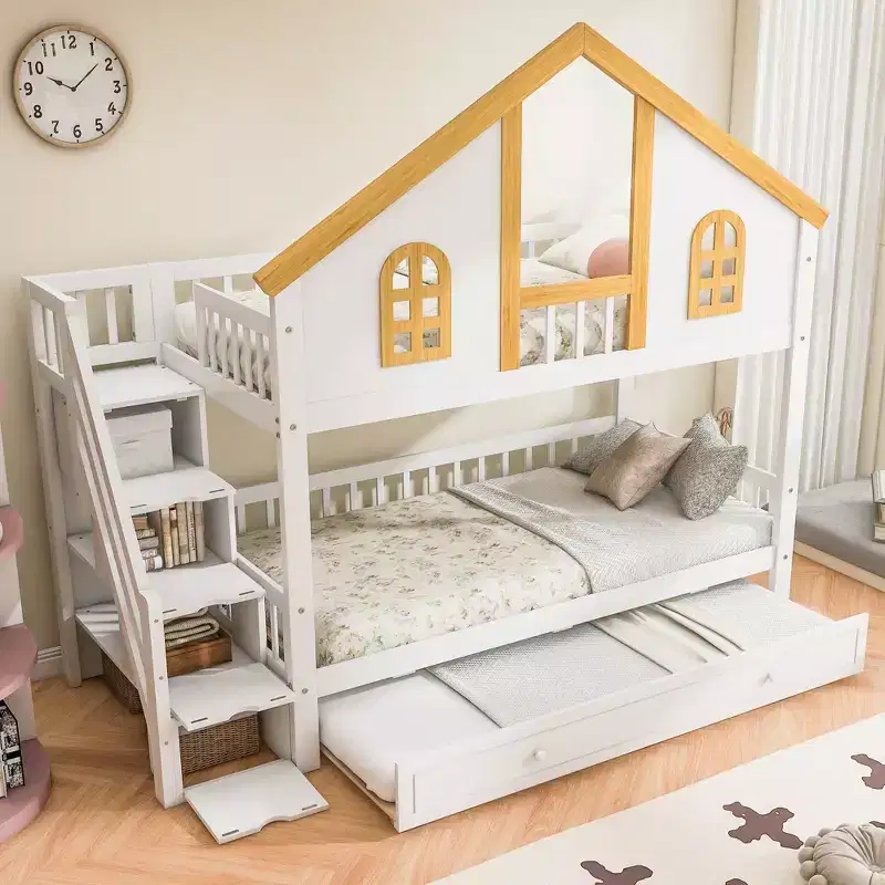 GDF Studio Albright Wooden House Roof Bunk Bed with Storage Staircase and Trundle