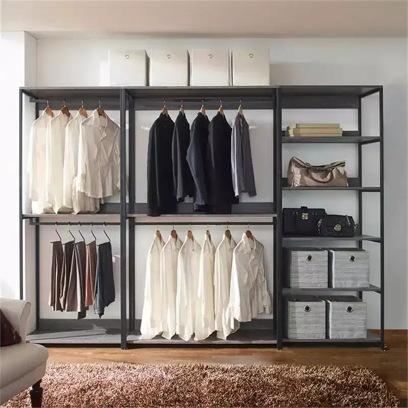 HomeStock 77.7 in.H x 111 in.W Black Wood Composite Closet System for Universal Storage with Storage Bins