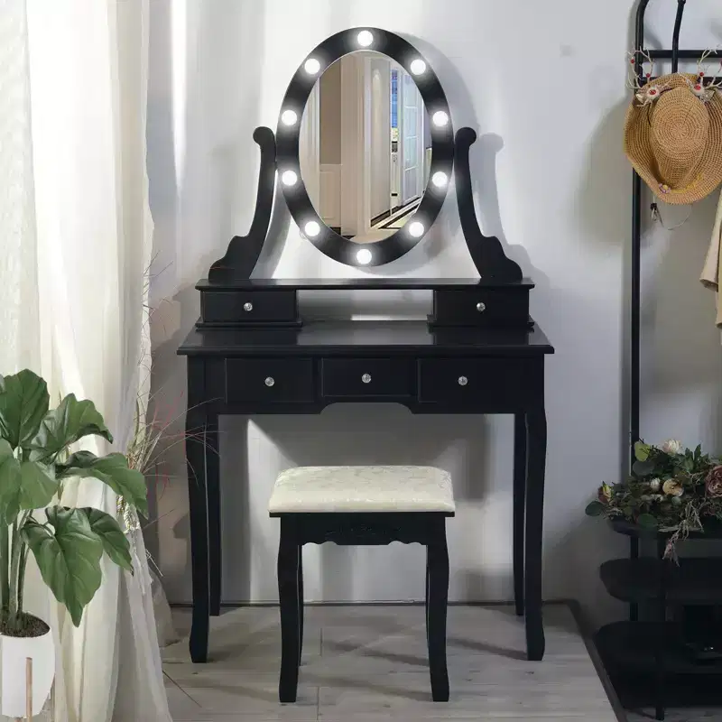 Modern Makeup Vanity, Girls Vanity Set with Lighted Mirror and Cushioned Stool, Make Up Table with 5 Drawers