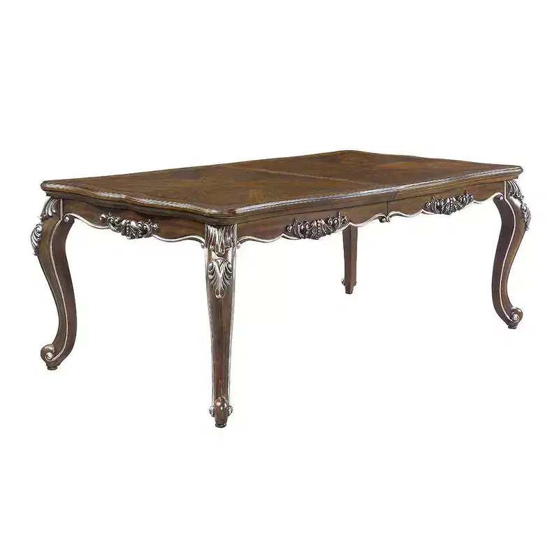 96" Latisha Dining Table Antique Oak Finish - Acme Furniture: Hand-Brushed Silver, Floral Moldings, Extension Leaf