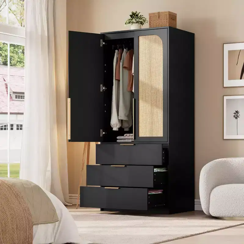 Rattan Armoire Wardrobe Closet with 3 Drawers and 2 Doors, Modern Wooden Wardrobe Cabinets, Tall Standing Bedroom Armoires, Heavy Duty