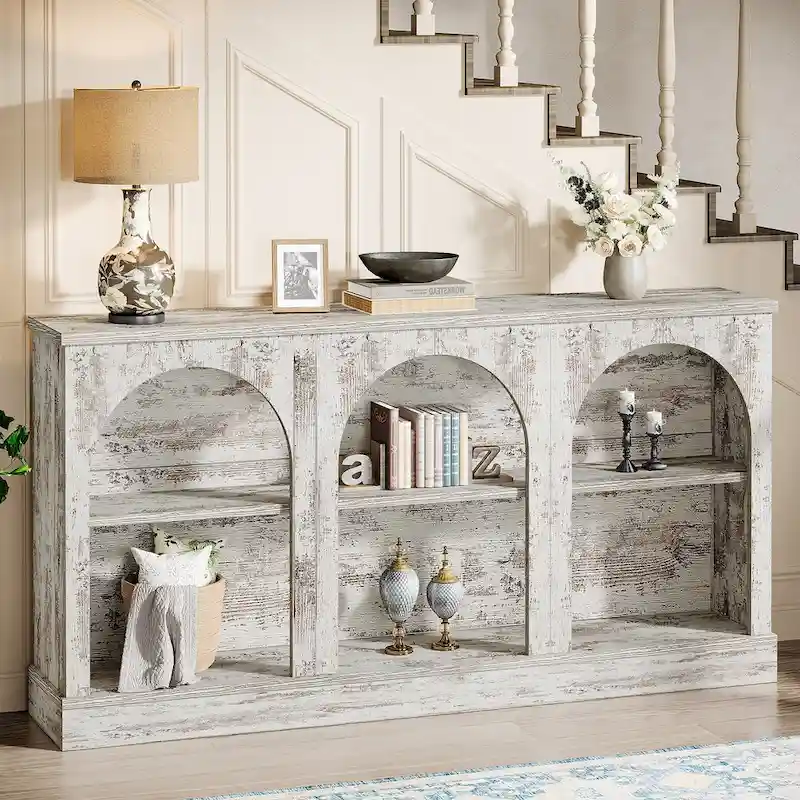 White / Brown / Black Farmhouse Console Table, 3-Tier Storage, 63