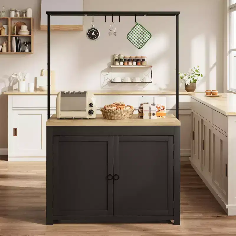 Panel Island Cabinet: 41 Inches, Vintage White Body with Natural Wood Top, Ideal for Kitchen Storage & Dining Area Use