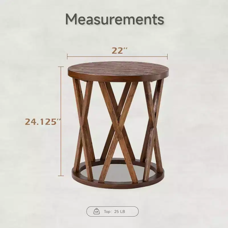COZAYH Farmhouse End Table, Rustic Round Side Table with X-Motifs Legs, Wood Textured Top for Setting Drinks, Lamps, or Plants, Brown