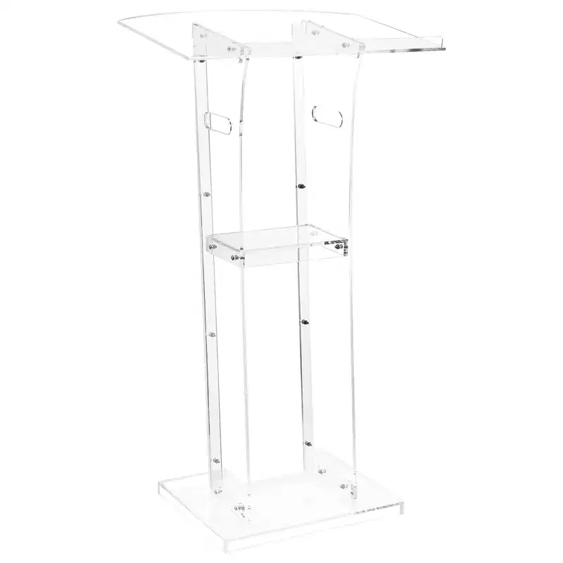 Podium Stand, 43-Inch Acrylic Lectern, Portable Laptop Desk with Wide Reading Surface and Storage Shelf, Book Stopper, Transparent