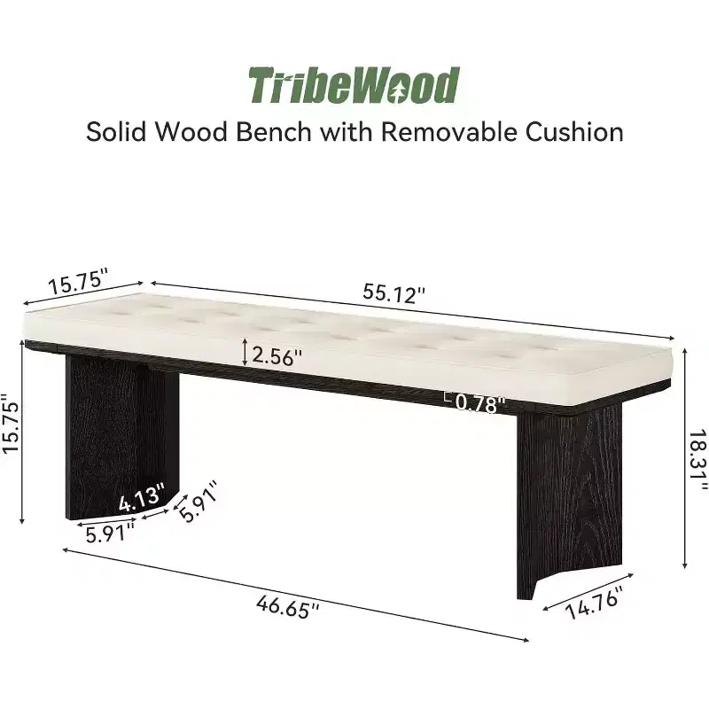 Lantine Solid Wood Bench with Removable Cushion, 55-Inch Modern Shoe Bench for Entryway, Dining Room, Living Room, End of Bed