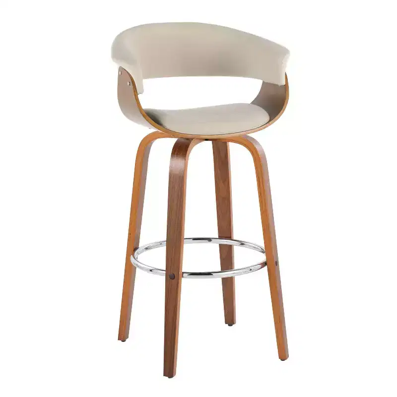 LumiSource Set of 2 Vintage Modern Barstools Walnut/Chrome/Cream: Upholstered Swivel Chairs with Footrest