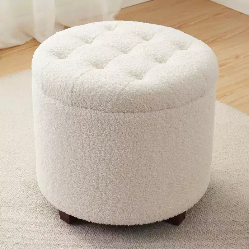 Round Tufted Boucle Storage Ottoman - White