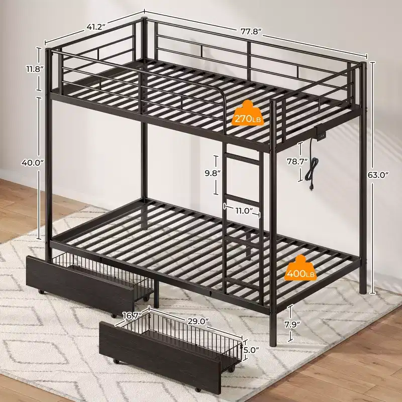 Metal Bunk Bed with Storage Drawers, Charging Station and LED Light, Safety Guardrail & Ladders Black