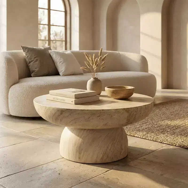 Round Fiberstone Pedestal Coffee Table, Indoor & Outdoor Sculpted Accent Table with Anti-Slip Foot Pads