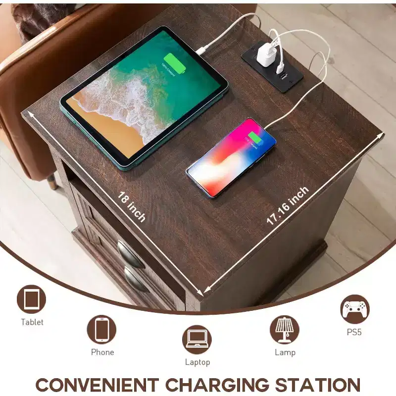 Farmhouse Nightstand with Charging Station, 2 Drawers & Open Shelf, 18
