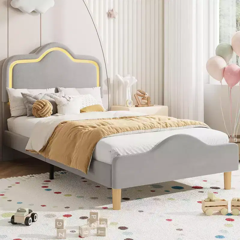 DobleePy Twin Size Gray Upholstered Platform Bed Frame, Adjustable Headboard & Footboard, Wooden Slats Support, No Box Spring Needed, Easy Assembly