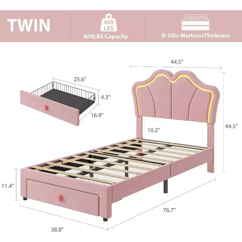 Upholstered LED Bed Frame with Storage Drawers for Kids