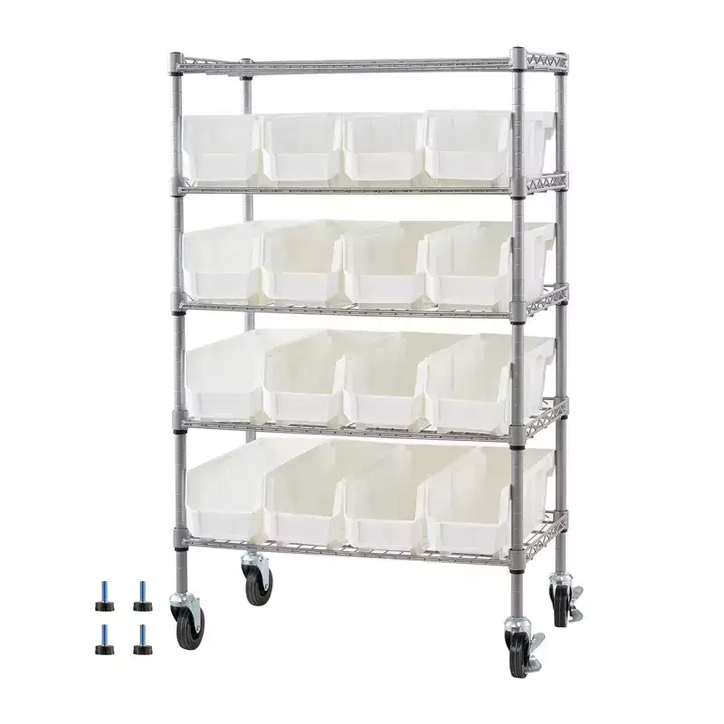 5-Tier Rolling Bin Storage Rack, 16 Organizer Bins, Bin Rack Storage Steel Wire Shelving System with Wheels, Mobile Tool Organizer,Silver+White