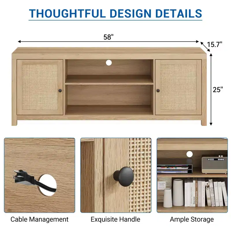 66-Inch TV Stand Entertainment Center with 2 Rattan Doors & Adjustable Shelves – Farmhouse Style