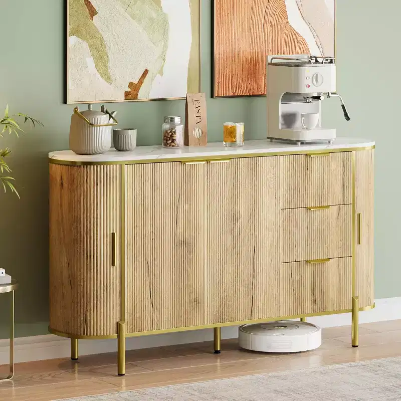 59in Large Sideboard Buffet Cabinet, Modern Fluted Cupboard Coffee Bar Oval Wood TV Console Cabinet with 3 Drawers, Blue
