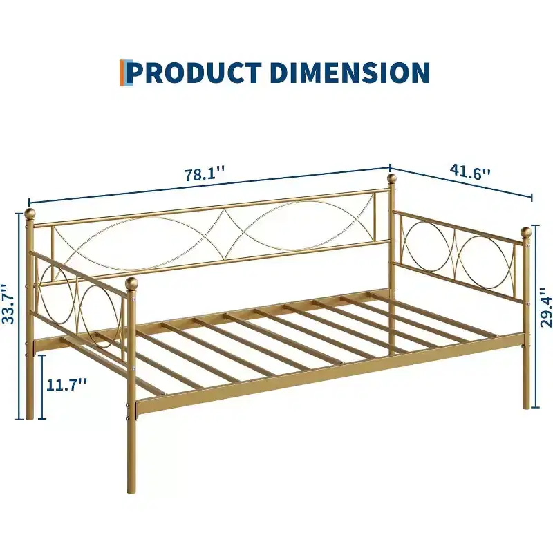 Gold Metal Twin Daybed, Single Bed, Steel Slat Support, Modern Space-Saving Frame