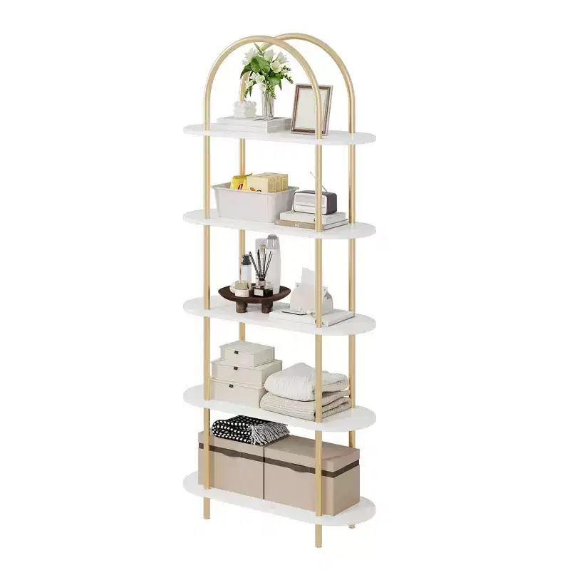 5-Tier Bookshelf, 71 Inch Tall Arched Bookcase, Metal Frame, Freestanding Display Rack, for Bedroom, Living Room, Gold & White