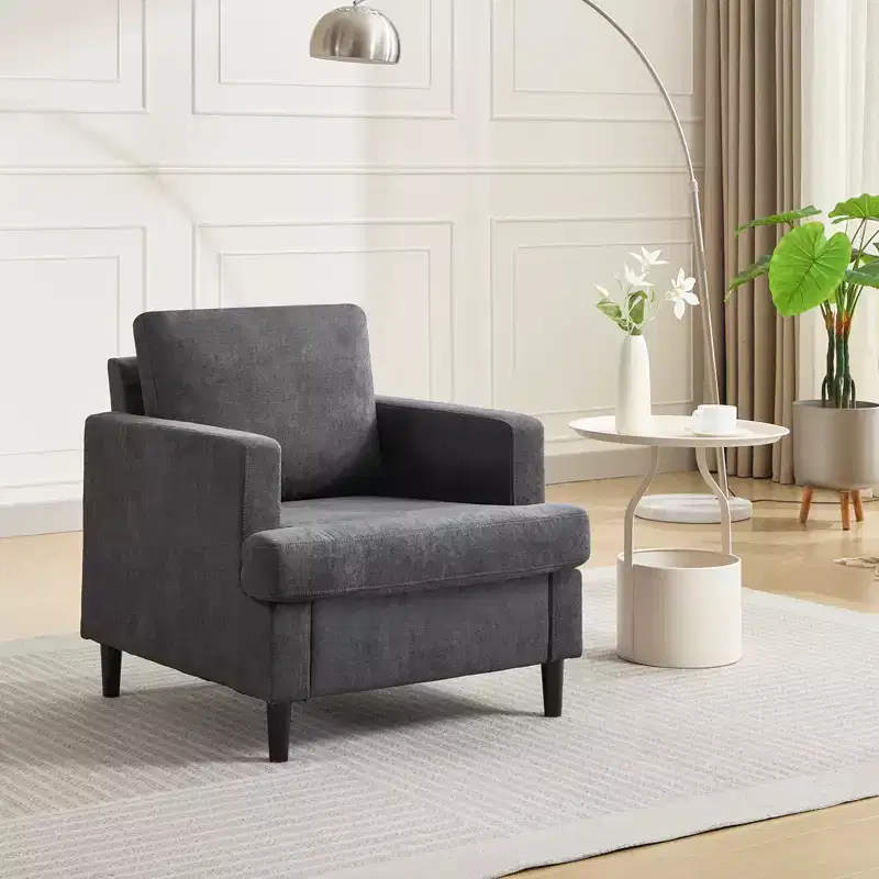 Modern linen chair for living room single sofa chair with wooden legs and pillow, fabric living room side chair