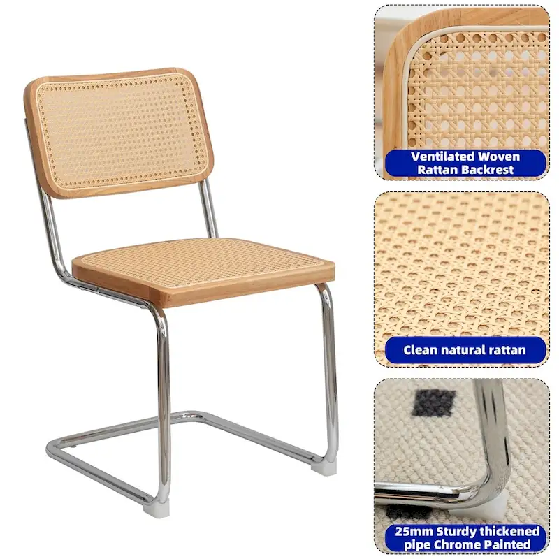 Cantilever Dining Chairs with Rattan Back and Chrome Frame, Set of 2