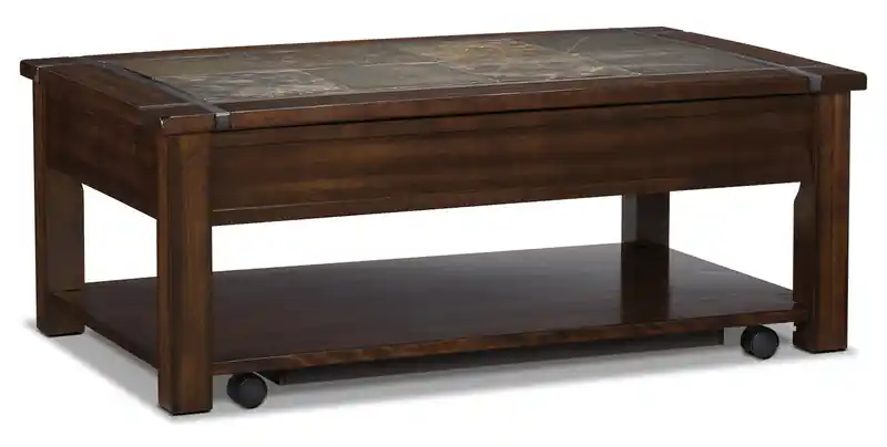 50 Rustic Lift Top Coffee Table with Storage and Shelf - Dark Cherry Wood and Slate Inlay