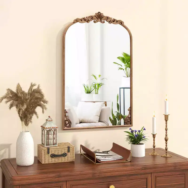 Gold Ornate Baroque Arched Wall Mirror with Metal Frame