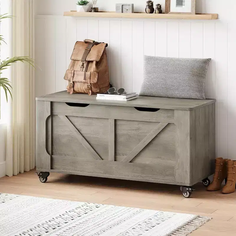 Gray Storage Trunk Bench with Wheels & Safety Hinges for 1