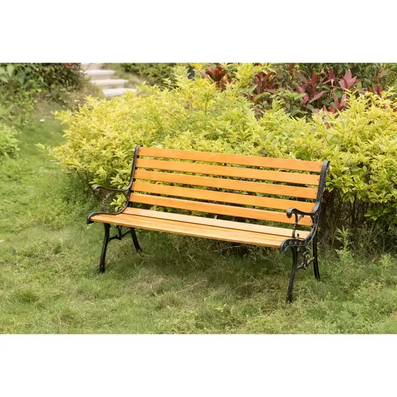 Gardenised Wooden Outdoor Park Patio Garden Yard Bench with Designed Steel Armrest and Legs