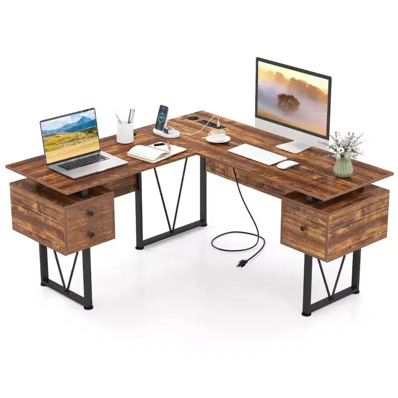 59 L-shaped Computer Desk with Power Outlets and 3 Storage Drawers Industrial Computer Workstation with Heavy-duty Metal Frame Rustic Brown