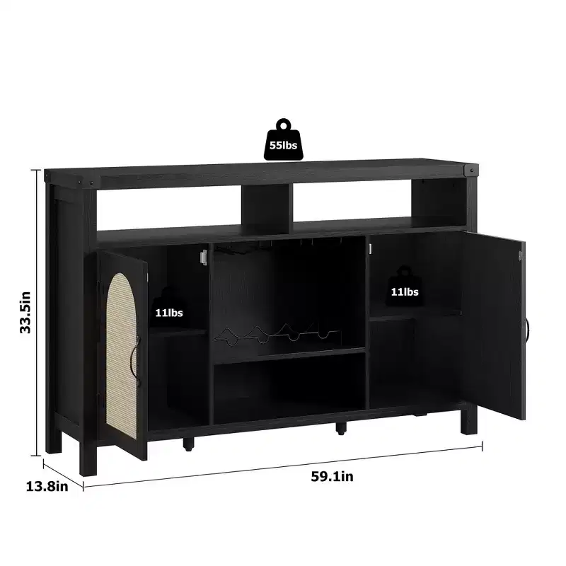 TROPOW Farmhouse Wine Bar Cabinate, Rattan Coffee Bar with Adjustable Storage Shleves, Boho Liquor Sideboard with Wine Racks for Kitchen, Black