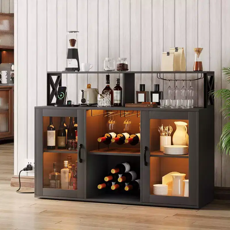 Bar Cabinet for Home, Liquor Cabinet with Power Outlets,Glass Holder, Wine Cabinet with Storage, Wine Cabinet with Racks for KitchenHome