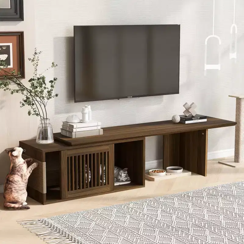 Medieval-style modern walnut TV stand with extendable table, soft cushions, sliding doors, and cat-friendly furniture Walnut