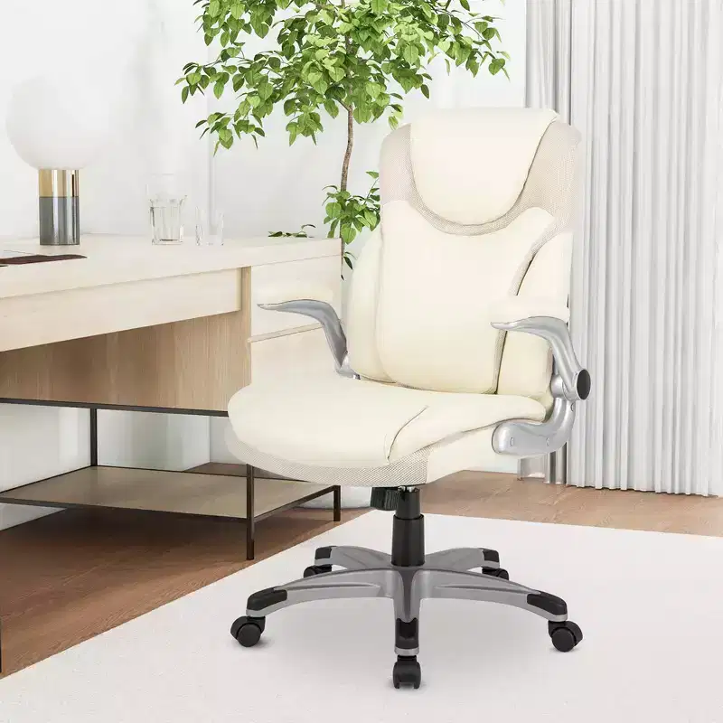 Ergonomic Office Chair PU Leather Executive Swivel with Flip-up Armrests Brown/White/Black