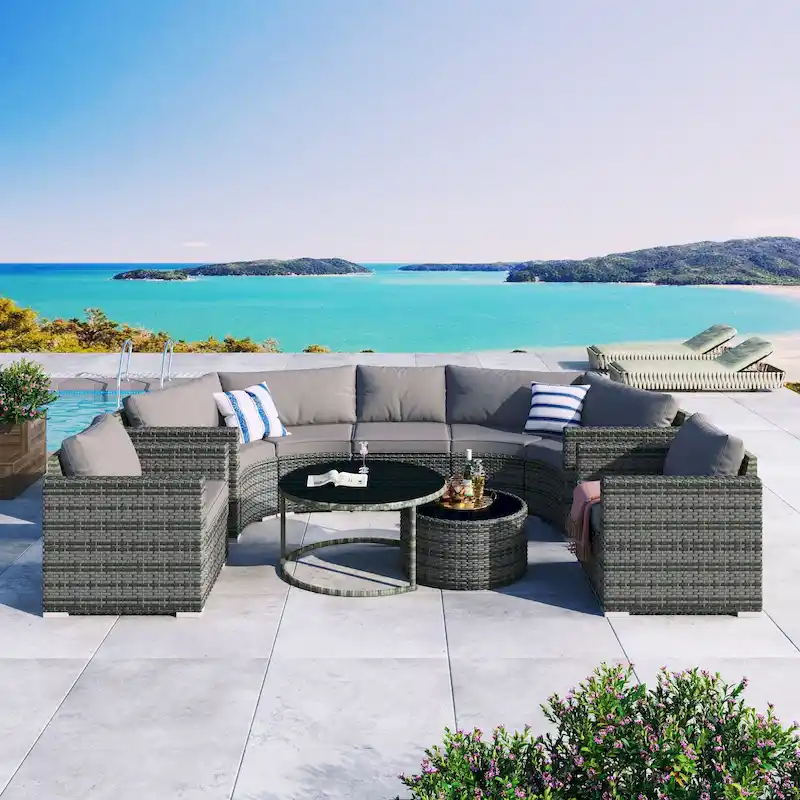 Modern 9-Piece Outdoor Round Sofa Set with Pillows and Cushions, Ideal for Patio, Courtyard, and Pool