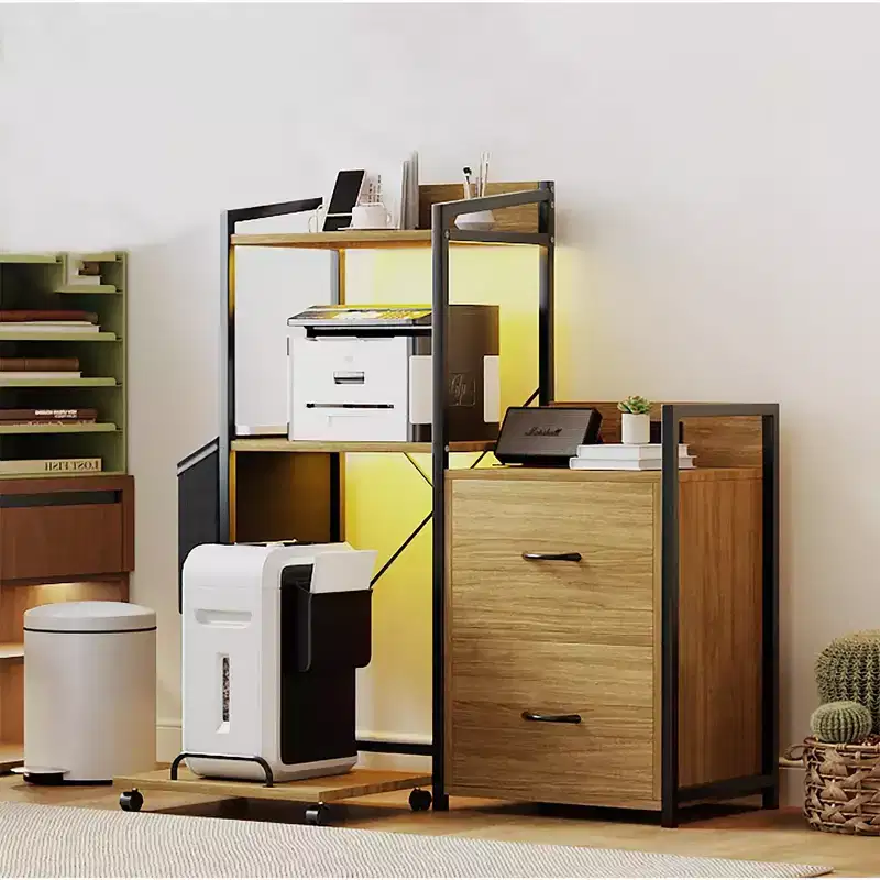 Black Rustic Wood Printer Stand with Iron Frame Storage Cabinet