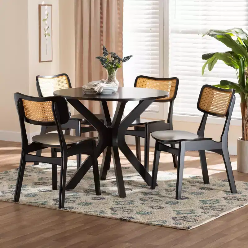 Baxton Studio Linnet Mid-Century Modern Wood and Rattan 5-Piece Dining Set