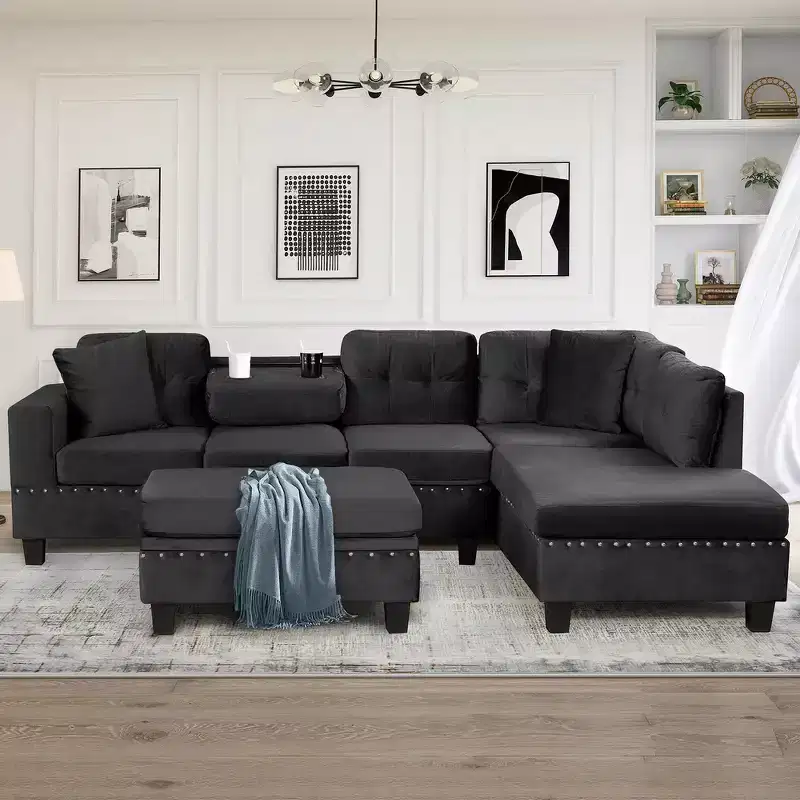 105 Inch L-Shaped Modern Sectional Sofa with Storage Ottoman & 2 Pillows