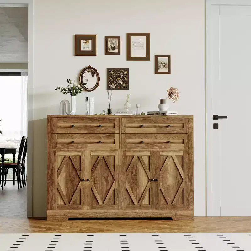 55 in Large Sideboard Buffet Cabinet with Storage, 4 Drawers and 4 Doors, Kitchen Storage Cabinet with Adjustable Shelf, Wood Coffee Bar for Hallway