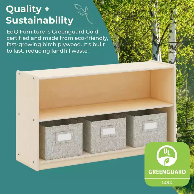 Natural / White 2-Shelf Open Storage Unit with 3 Fabric Bins – For Kids