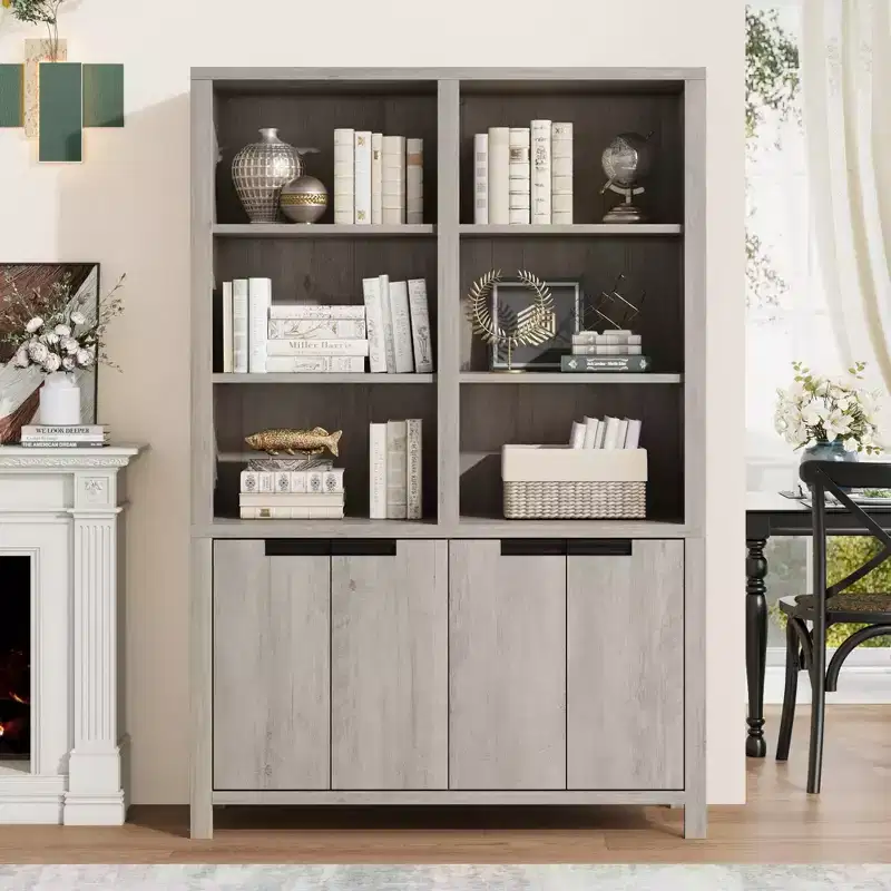 70.7 Tall Bookshelf w/Doors & Adjustable Shelf, 5-Tier Double Wide Bookcase with Cabinet and Double Storage, Wooden Book Shelf Farmhouse Bookcase