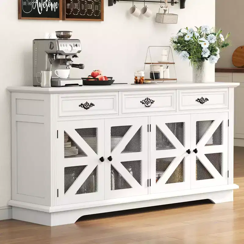 70 Sideboard Buffet Cabinet, Wooden Coffee Bar Cabinet with 3 Drawers & 4 Mesh Barn Doors, Entryway Console Table, Floor Cupboard Cabinet for Kitchen