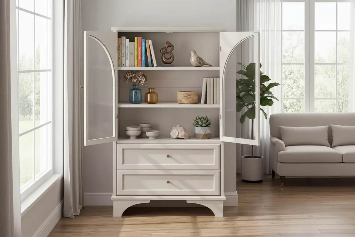 White Glass Door Display Cabinet with 2 Drawers & Adjustable Shelves for 1