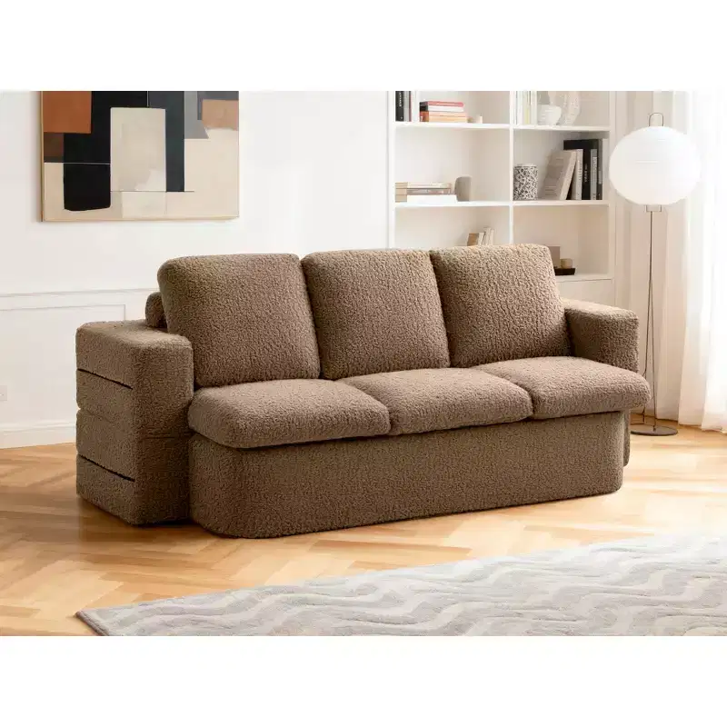 3 Seater Folding Sofa Bed, Memory Foam Sofa Couch With Pillows, High Density Foam Mattress for Living Room, Brown