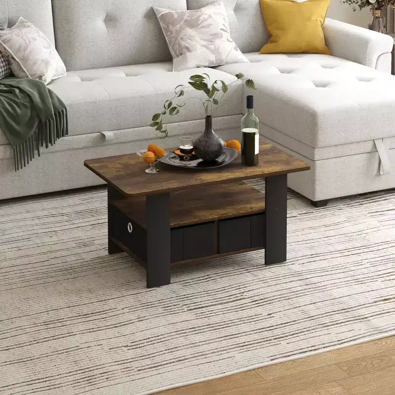31 in. Modern Coffee Table with Storage Bin Drawer and Open Shelf