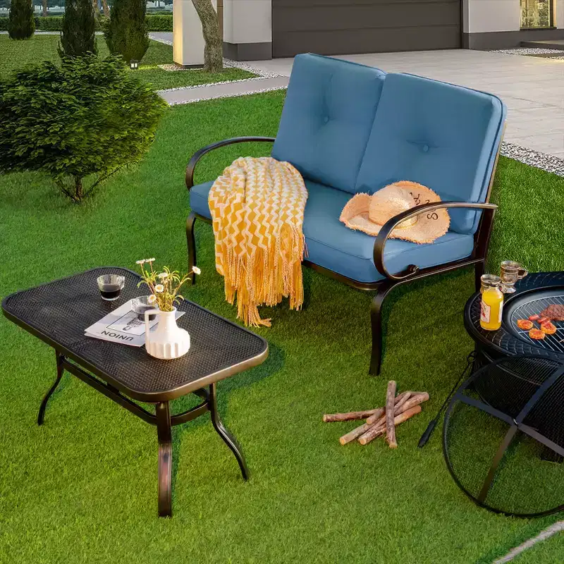 Costway 2PC Patio LoveSeat Coffee Table Furniture Set Bench W/ Cushions