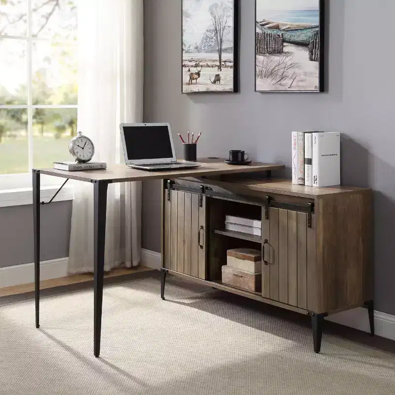 TUYOHW L-Shape Writing Desk with Side Cabinet,Sliding Barn Door,Industrial Desk with Storage Compartments,Cable Hole,Computer Desk for Office