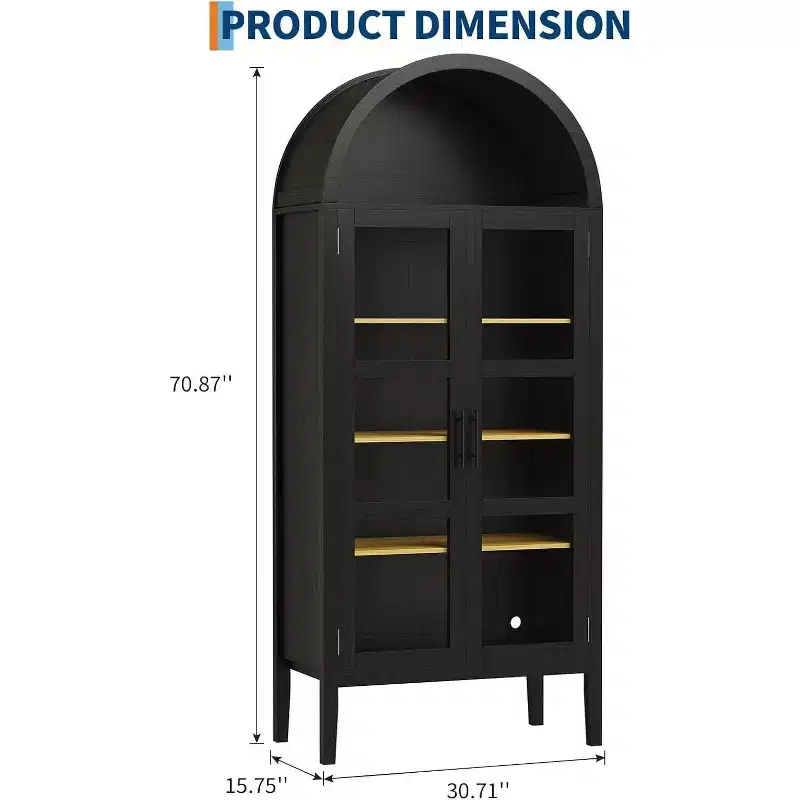 71 Inch High Arched Storage Closet with 3 Color Lights, 5-Level Kitchen Pantry Cabinet with Glass Doors, Versatile Arched Dining Room Shelf